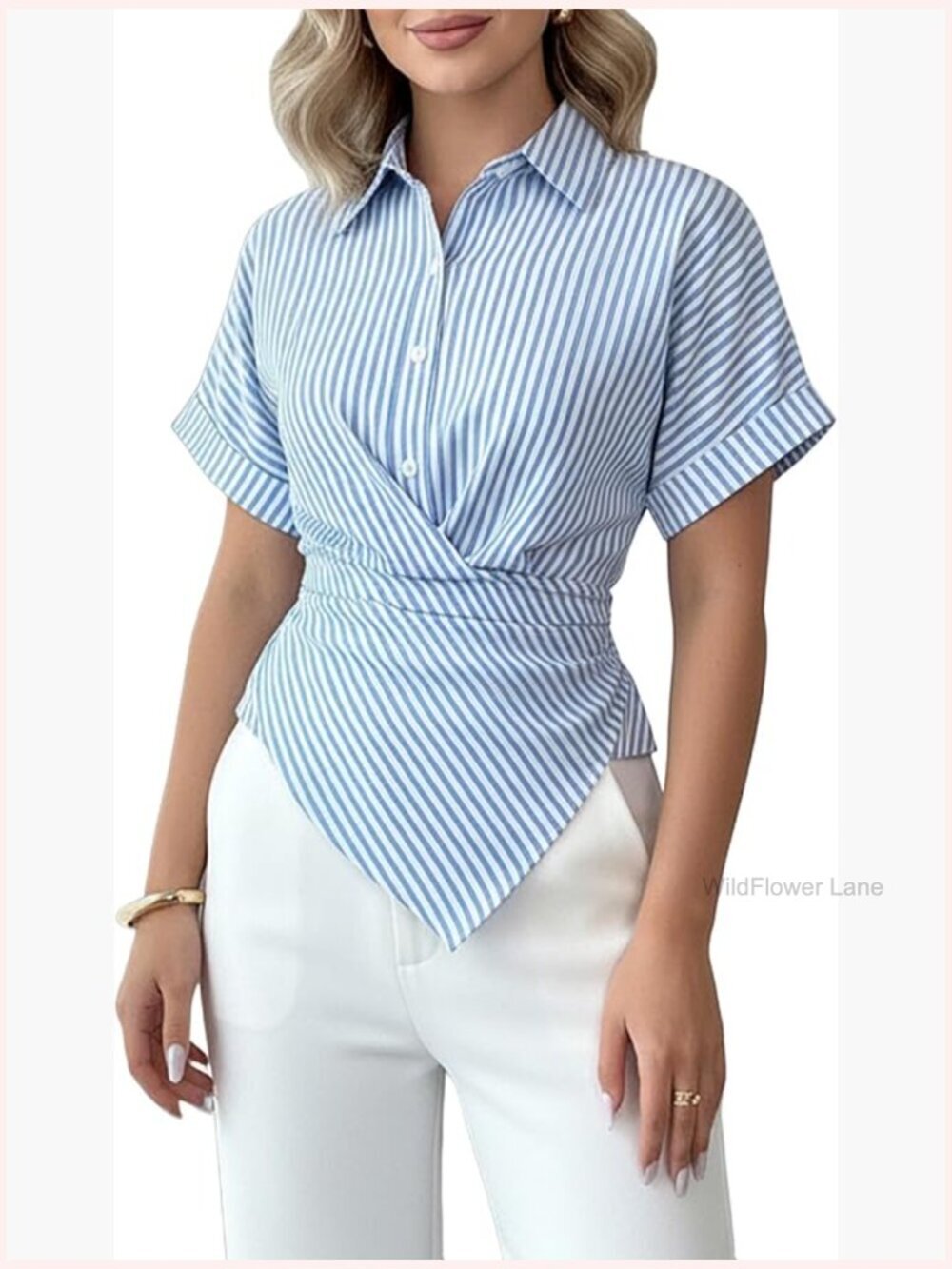 Striped Button Down Shirt Ruched Tie Back Blouses Business Casual Tops